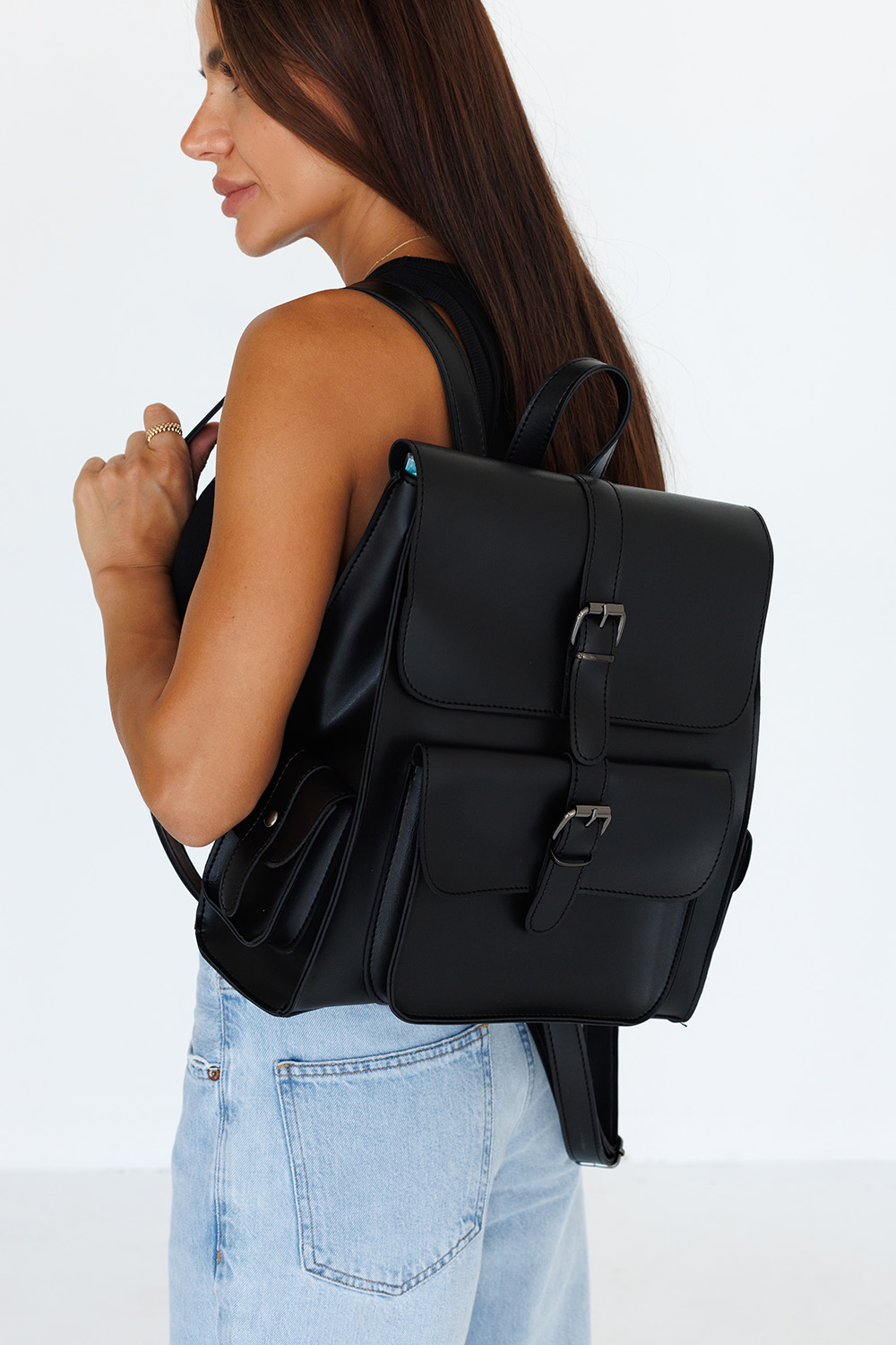 Backpack Three Pockets Eco Leather Black