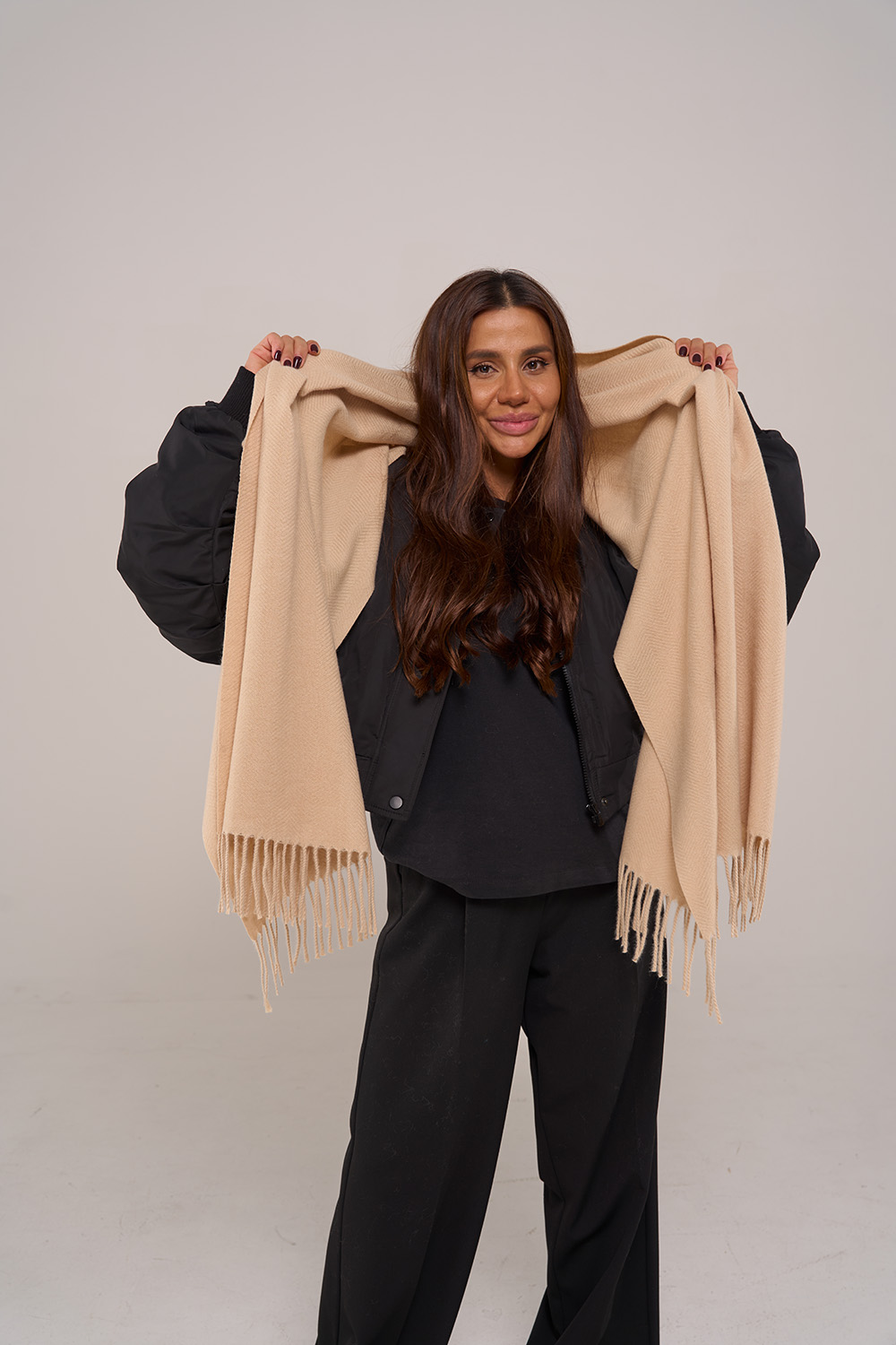Scarf with wool Herringbone Beige