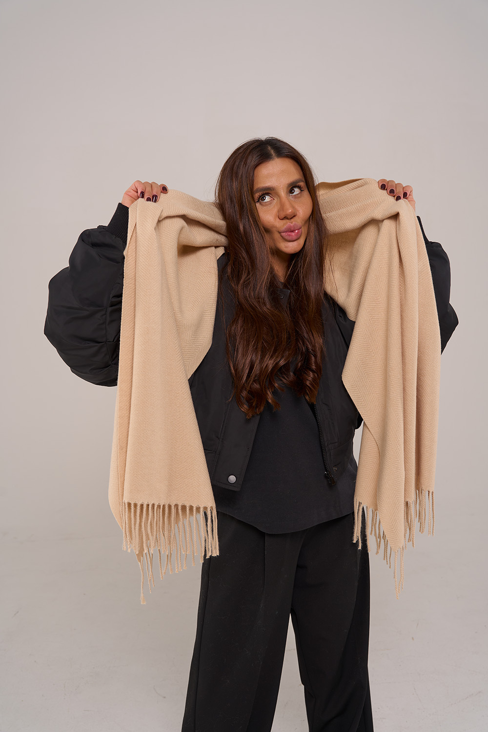 Scarf with wool Herringbone Beige
